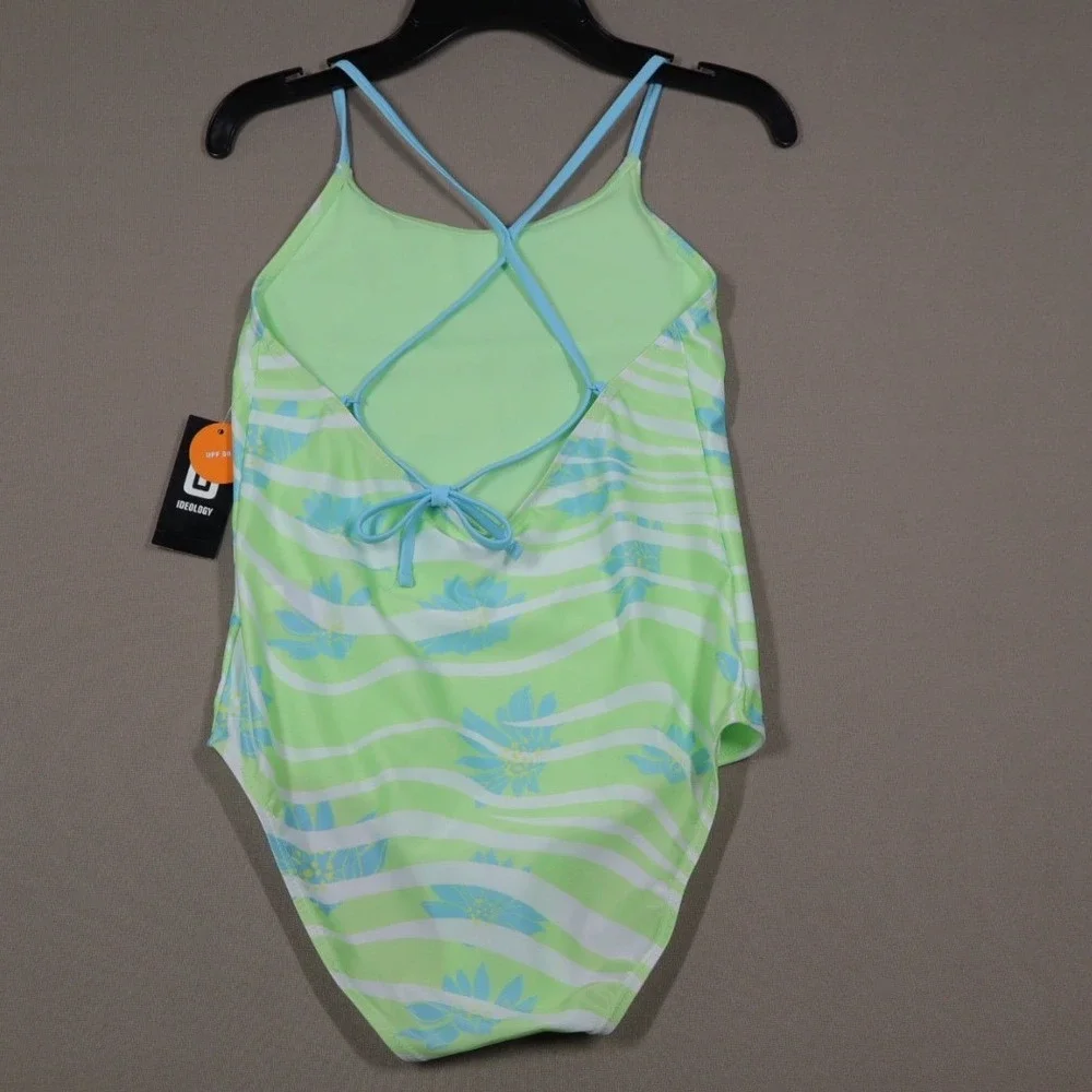 ID Ideology Big Girls One-Piece Wavy Floral Swimsuit -‎ Green/Blue - Size Large